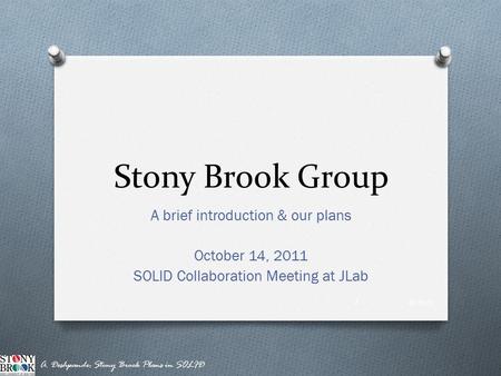 Stony Brook Group A brief introduction & our plans October 14, 2011 SOLID Collaboration Meeting at JLab 10/14/11 A. Deshpande: Stony Brook Plans in SOLID.