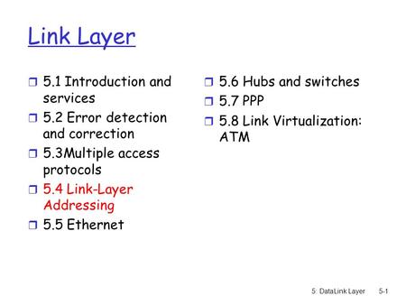 5: DataLink Layer5-1 Link Layer r 5.1 Introduction and services r 5.2 Error detection and correction r 5.3Multiple access protocols r 5.4 Link-Layer Addressing.