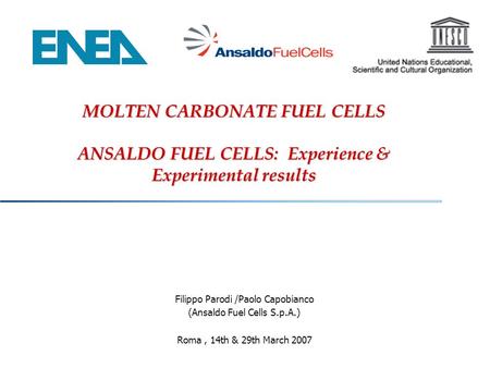 MOLTEN CARBONATE FUEL CELLS ANSALDO FUEL CELLS: Experience & Experimental results Filippo Parodi /Paolo Capobianco (Ansaldo Fuel Cells S.p.A.) Roma, 14th.