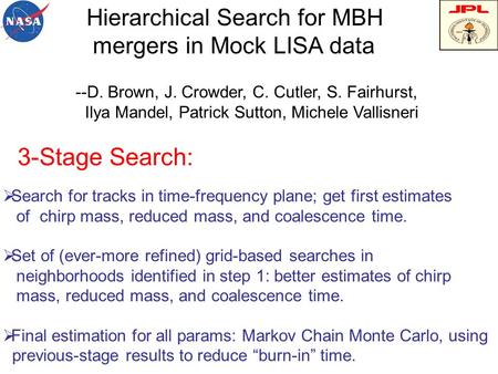 Hierarchical Search for MBH mergers in Mock LISA data  Search for tracks in time-frequency plane; get first estimates of chirp mass, reduced mass, and.