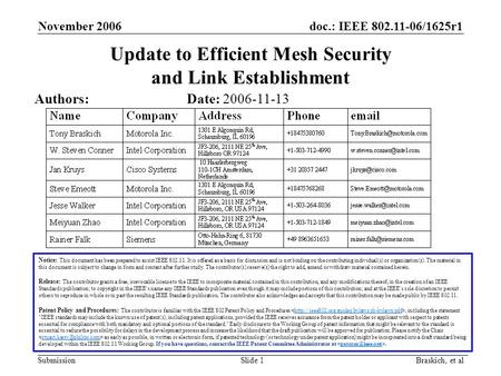 Doc.: IEEE 802.11-06/1625r1 Submission November 2006 Braskich, et al Slide 1 Update to Efficient Mesh Security and Link Establishment Notice: This document.