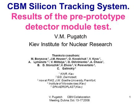 V. Pugatch CBM Collaboration Meeting, Dubna, Oct. 13-17 2008 1 CBM Silicon Tracking System. Results of the pre-prototype detector module test. V.M. Pugatch.