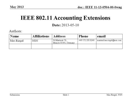 Submission doc.: IEEE 11-13-0504-00-0wng May 2013 Max Riegel, NSNSlide 1 IEEE 802.11 Accounting Extensions Date: 2013-05-10 Authors: