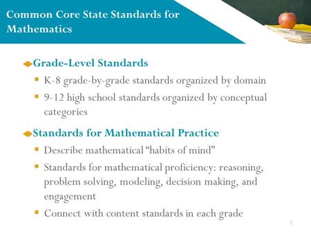 1 Grade-Level Standards  K-8 grade-by-grade standards organized by domain  9-12 high school standards organized by conceptual categories Common Core.