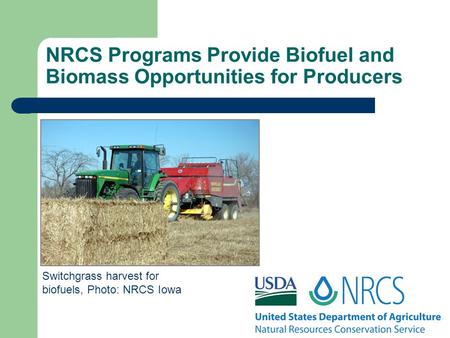 NRCS Programs Provide Biofuel and Biomass Opportunities for Producers Switchgrass harvest for biofuels, Photo: NRCS Iowa.