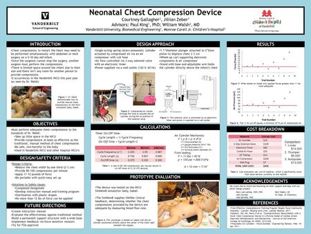 Neonatal Chest Compression Device Courtney Gallagher 1, Jillian Zeber 1 Advisors: Paul King 1, PhD; William Walsh 2, MD Vanderbilt University, Biomedical.