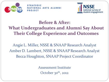 Before & After: What Undergraduates and Alumni Say About Their College Experience and Outcomes Angie L. Miller, NSSE & SNAAP Research Analyst Amber D.