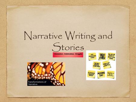 Narrative Writing and Stories. What is narrative? Why do we use it? To tell a story A truth we want to share with our audience Voice.