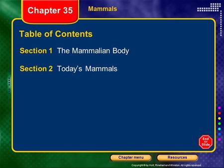Chapter 35 Table of Contents Section 1 The Mammalian Body