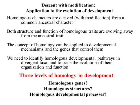 Descent with modification: Application to the evolution of development Homologous characters are derived (with modification) from a common ancestral character.
