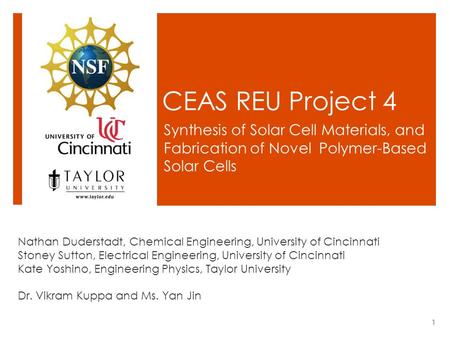 CEAS REU Project 4 Synthesis of Solar Cell Materials, and Fabrication of Novel Polymer-Based Solar Cells Nathan Duderstadt, Chemical Engineering, University.