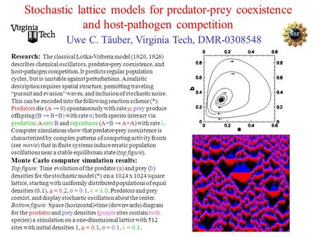 Stochastic lattice models for predator-prey coexistence and host-pathogen competition Uwe C. Täuber, Virginia Tech, DMR-0308548 Research: The classical.