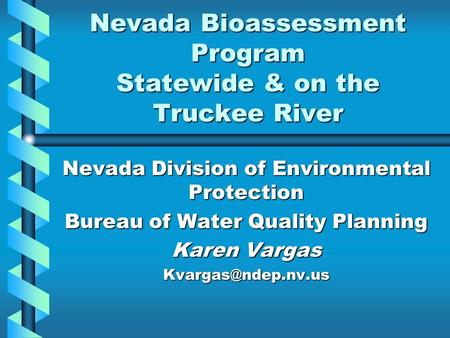 Nevada Bioassessment Program Statewide & on the Truckee River Nevada Division of Environmental Protection Bureau of Water Quality Planning Karen Vargas.