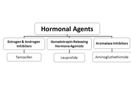 Hormonal Agents Estrogen & Androgen Inhibitors Gonadotropin-Releasing Hormone Agonists Aromatase Inhibitors Tamoxifen Leuprolide Aminogluthethimide.