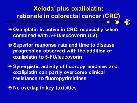 Xeloda ® plus oxaliplatin: rationale in colorectal cancer (CRC)  Oxaliplatin is active in CRC, especially when combined with 5-FU/leucovorin (LV)  Superior.