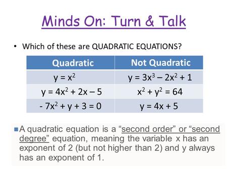 Minds On: Turn & Talk y = x2 y = 3x3 – 2x2 + 1 y = 4x2 + 2x – 5