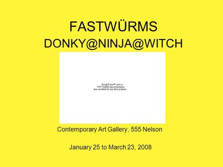 FASTWÜRMS Contemporary Art Gallery, 555 Nelson January 25 to March 23, 2008.