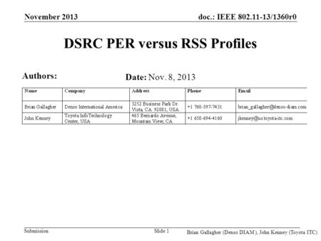 Doc.: IEEE 802.11-13/1360r0 Submission DSRC PER versus RSS Profiles Date: Nov. 8, 2013 November 2013 Slide 1 Authors: Brian Gallagher (Denso DIAM ), John.
