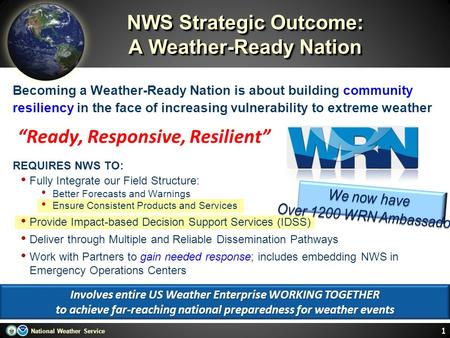 National Weather Service NWS Strategic Outcome: A Weather-Ready Nation Becoming a Weather-Ready Nation is about building community resiliency in the face.