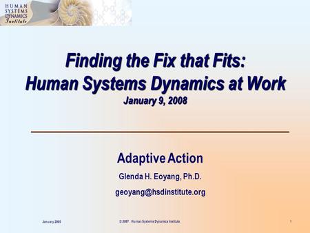 Finding the Fix that Fits: Human Systems Dynamics at Work January 9, 2008 Adaptive Action Glenda H. Eoyang, Ph.D. January 2008.