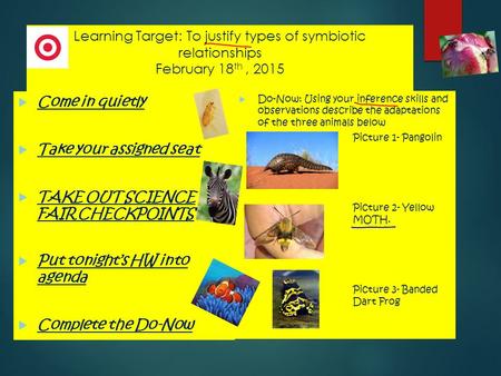 Learning Target: To justify types of symbiotic relationships February 18 th, 2015  Do-Now: Using your inference skills and observations describe the.