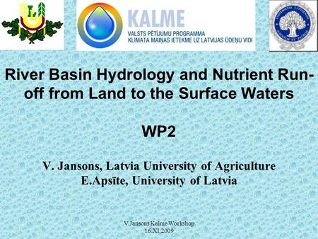 V.Jansons Kalme Workshop 16.XI.2009 River Basin Hydrology and Nutrient Run- off from Land to the Surface Waters WP2 V. Jansons, Latvia University of Agriculture.