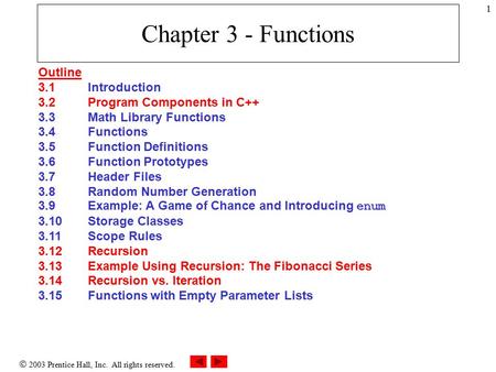  2003 Prentice Hall, Inc. All rights reserved. 1 Chapter 3 - Functions Outline 3.1Introduction 3.2Program Components in C++ 3.3Math Library Functions.