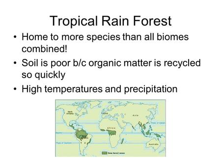 Tropical Rain Forest Home to more species than all biomes combined! Soil is poor b/c organic matter is recycled so quickly High temperatures and precipitation.