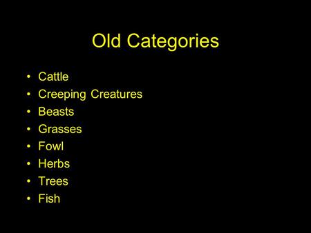 Old Categories Cattle Creeping Creatures Beasts Grasses Fowl Herbs Trees Fish.