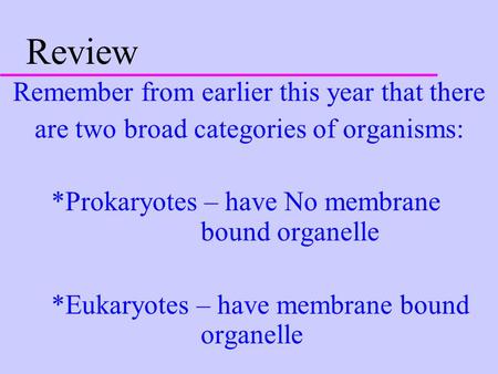 Review Remember from earlier this year that there are two broad categories of organisms: *Prokaryotes – have No membrane bound organelle *Eukaryotes –