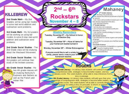 2 nd – 6 th Rockstars November 4 – 8 Weekly Reminders 4th Grade Literacy – In Literacy class students will continue to learn comprehension skills, strategies.