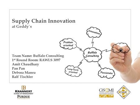 Supply Chain Innovation at Geddy´s Team Name: Buffalo Consulting 1 st Round Room: RAWLS 3097 Amit Chaudhary Pan Debora Manea Ralf Tischler.
