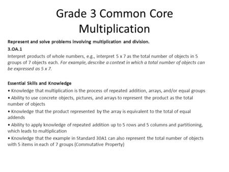 Grade 3 Common Core Multiplication Represent and solve problems involving multiplication and division. 3.OA.1 Interpret products of whole numbers, e.g.,