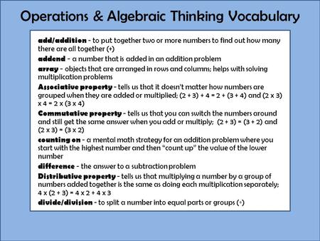 Operations & Algebraic Thinking Vocabulary add/addition - to put together two or more numbers to find out how many there are all together (+) addend -