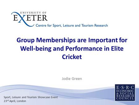 Group Memberships are Important for Well-being and Performance in Elite Cricket Jodie Green Sport, Leisure and Tourism Showcase Event 23 rd April, London.