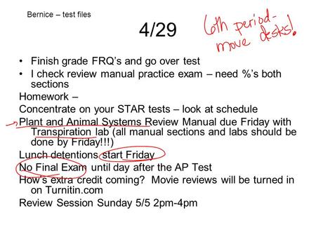 4/29 Finish grade FRQ’s and go over test I check review manual practice exam – need %’s both sections Homework – Concentrate on your STAR tests – look.