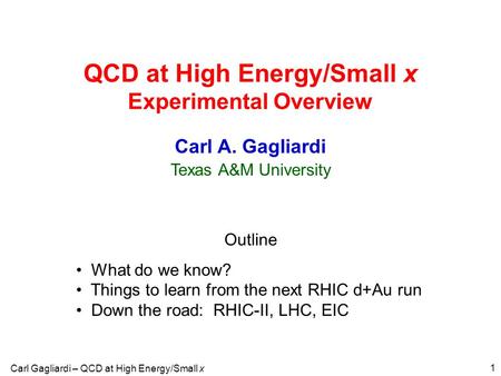 Carl Gagliardi – QCD at High Energy/Small x 1 QCD at High Energy/Small x Experimental Overview Outline What do we know? Things to learn from the next RHIC.