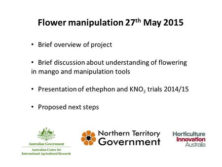 Flower manipulation 27 th May 2015 Brief overview of project Brief discussion about understanding of flowering in mango and manipulation tools Presentation.