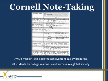 AVID’s mission is to close the achievement gap by preparing all students for college readiness and success in a global society. Cornell Note-Taking.