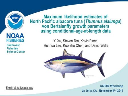 Maximum likelihood estimates of North Pacific albacore tuna ( Thunnus alalunga ) von Bertalanffy growth parameters using conditional-age-at-length data.