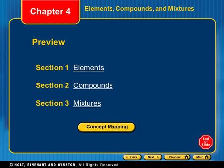 Chapter 4 Preview Section 1 Elements Section 2 Compounds