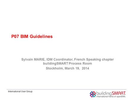International User Group P07 BIM Guidelines Sylvain MARIE, IDM Coordinator, French Speaking chapter buildingSMART Process Room Stockholm, March 19, 2014.