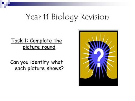 Year 11 Biology Revision Task 1: Complete the picture round Can you identify what each picture shows?