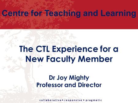Centre for Teaching and Learning c o l l a b o r a t i v e r e s p o n s i v e p r a g m a t i c The CTL Experience for a New Faculty Member Dr Joy Mighty.