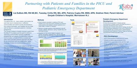 Partnering with Patients and Families in the PICU and Pediatric Emergency Department Liz DuBois MS, RN NE,BC, Tuesday Cirillo RN, MA, APN, Patricia Cupka.