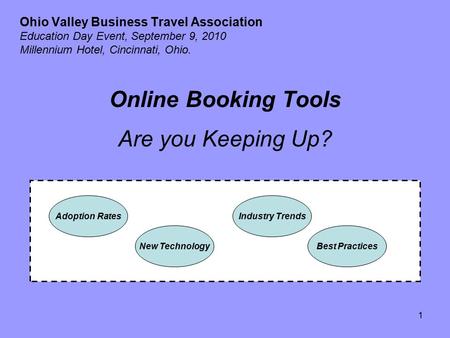1 Ohio Valley Business Travel Association Education Day Event, September 9, 2010 Millennium Hotel, Cincinnati, Ohio. Online Booking Tools Are you Keeping.