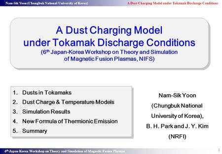 Nam-Sik Yoon (Chungbuk National University of Korea) A Dust Charging Model under Tokamak Discharge Conditions 6 th Japan-Korea Workshop on Theory and Simulation.