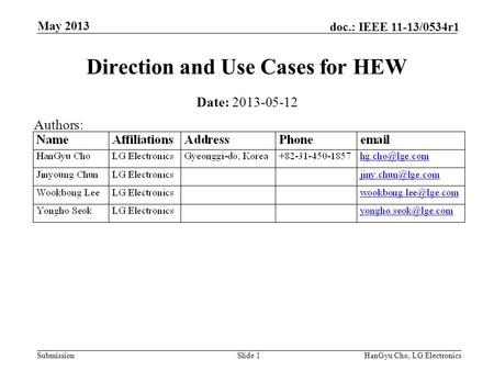 Submission doc.: IEEE 11-13/0534r1 May 2013 HanGyu Cho, LG ElectronicsSlide 1 Direction and Use Cases for HEW Date: 2013-05-12 Authors: