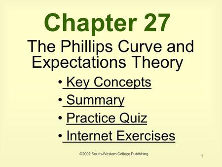 1 Chapter 27 The Phillips Curve and Expectations Theory Key Concepts Key Concepts Summary Practice Quiz Internet Exercises Internet Exercises ©2002 South-Western.