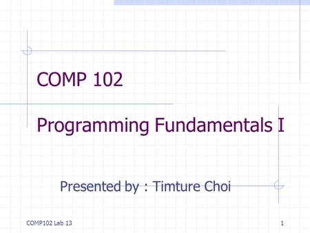 COMP102 Lab 131 COMP 102 Programming Fundamentals I Presented by : Timture Choi.